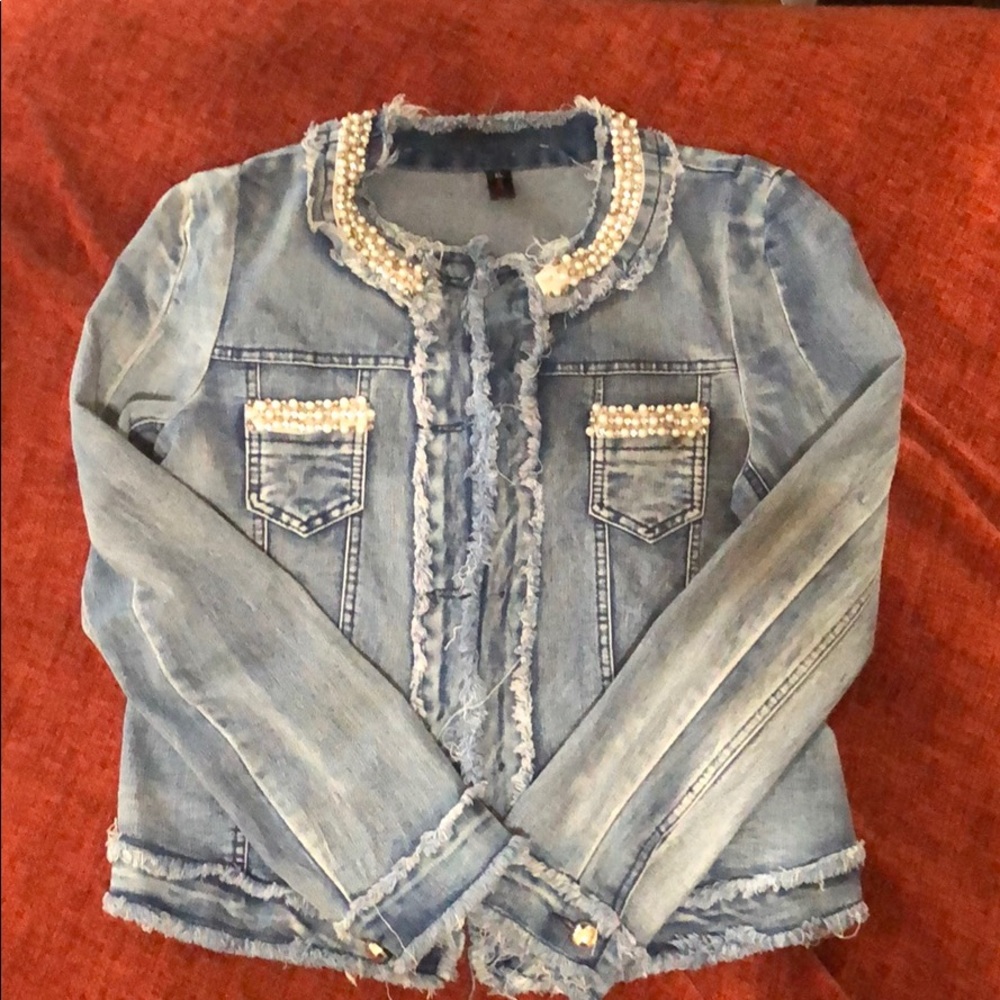 Denim pearled detailed jacket worn once